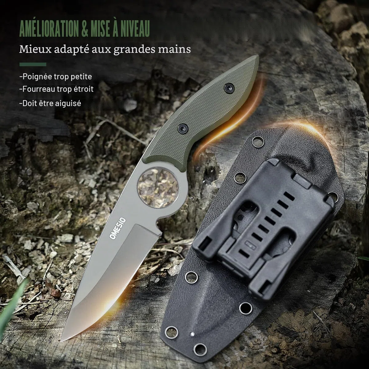 Omesio Couteau Outdoor 5CR13MOV acier Full tang couteau fixe lame drop-point 8,5 cm couteau de ceinture EDC avec Kydex fourreau(manche vert + lame blanche)