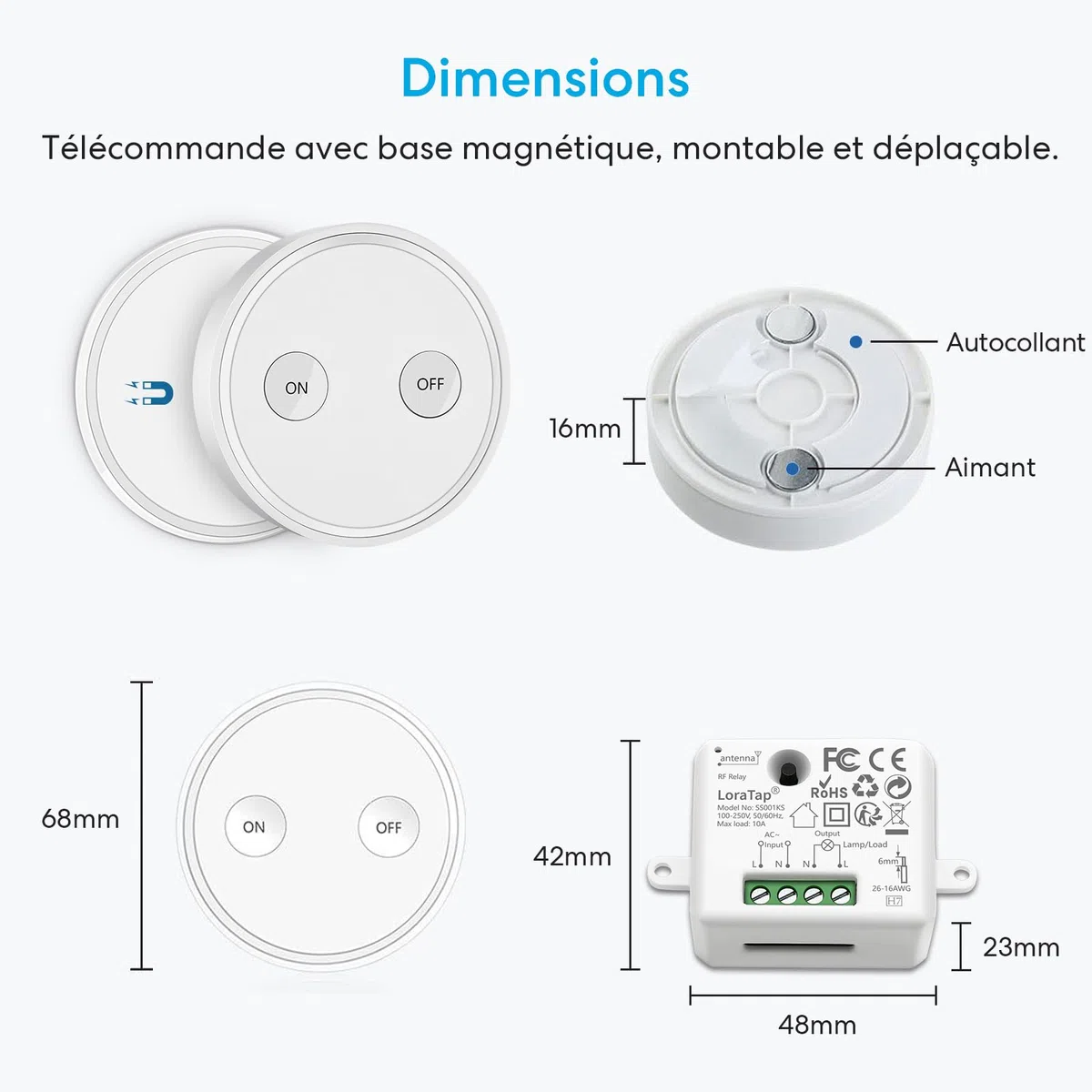 LoraTap Kit Interrupteur Sans Fil, Va et Vient, Récepteur 2500W, Portée 200M, Emetteur Radio 868Mhz, Commande à Distance Mural Avec 2 Télécommandes ON/OFF Pour Eclairage