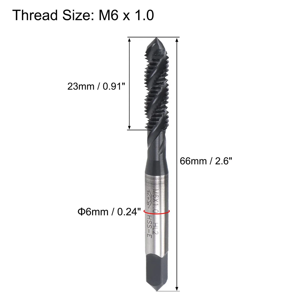 sourcing map Lot de 2 tarauds à goujure hélicoïdale M6 x 1,0, filetage métrique en acier rapide, revêtement nitruré, tige ronde avec extrémité carrée, tolérance H2