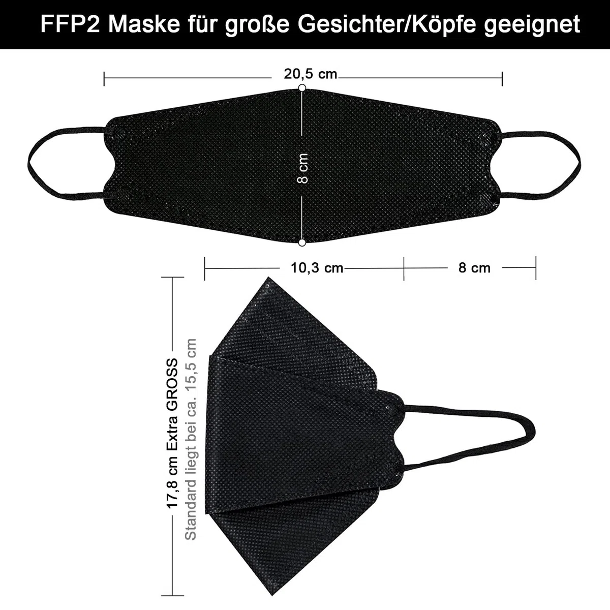 FFP2 Lot de 15 grands masques en forme de poisson Noir Certifié CE