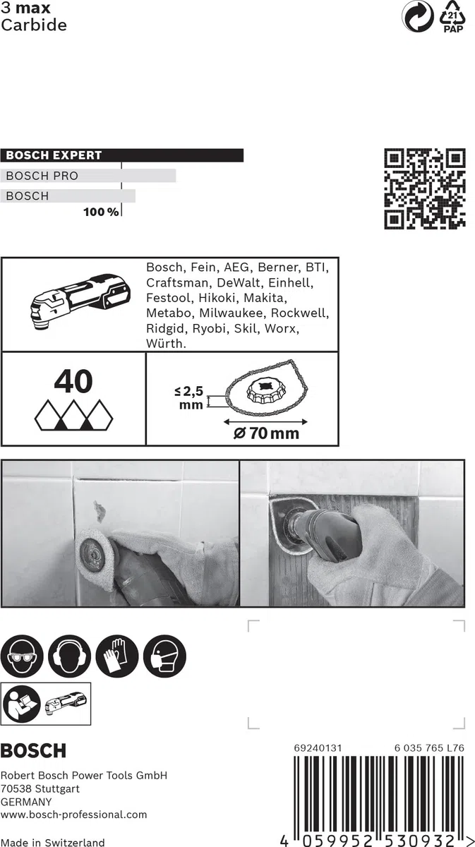 Bosch Professional 1x Enlève-mortier Expert 3 max AVZ 70 RT4 (pour Mortier, Ø 70 mm, Accessoire Outil multifonction)