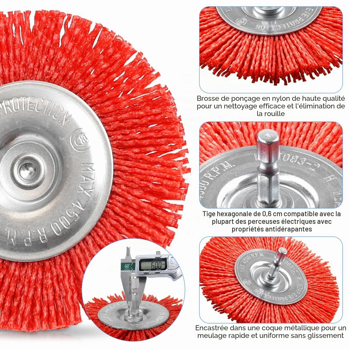 8 Pièces Brosses Abrasives Nylon pour Perceuse, Brosse Nylon Perceuse avec Tige Hexagonale 1/4", Outils Abrasifs Poncage Bois, Brosse Perceuse pour Enlever Rouille, Corrosion, Peinture