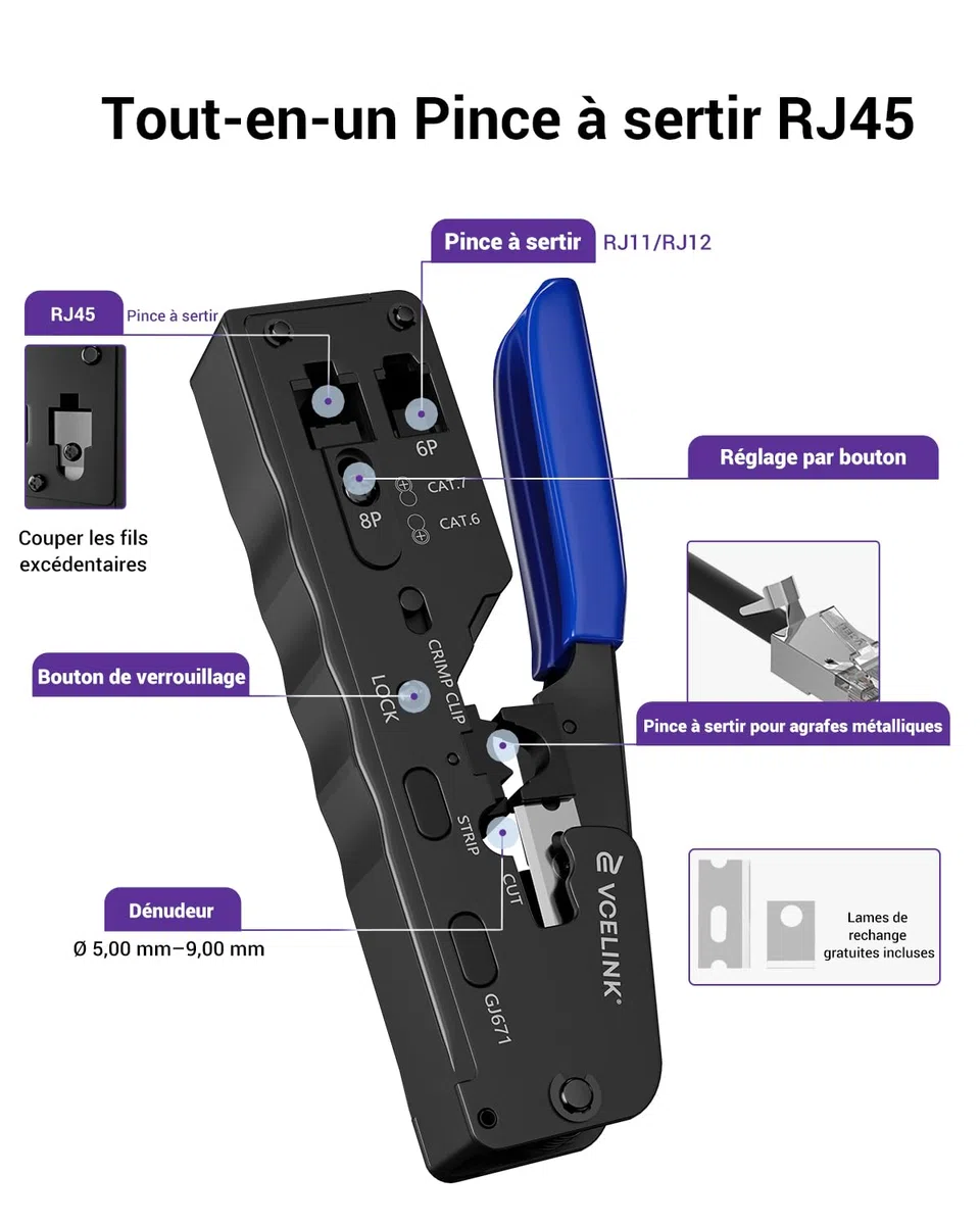 VCELINK GJ671BL Pince à Sertir RJ45 pour Connecteur Réseau CAT5/CAT5E/CAT6/CAT6A/CAT7 Fiche Réseau RJ45 à Sertir et Prise Téléphone 6P RJ11