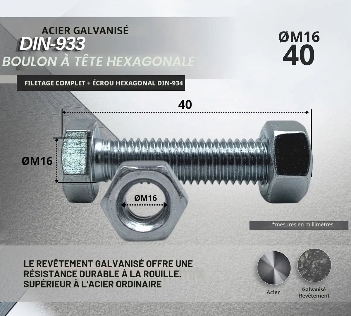 DOJA Barcelona | Boulon et Ecrou M16 | 10 Vis Tête Hexagonale avec 10 Ecrou Hexagonal | M16 x 40mm | en Acier Galvanisé | Boulons et Écrous pour Visserie Service, Vis à Métaux Tête Hexagonale...
