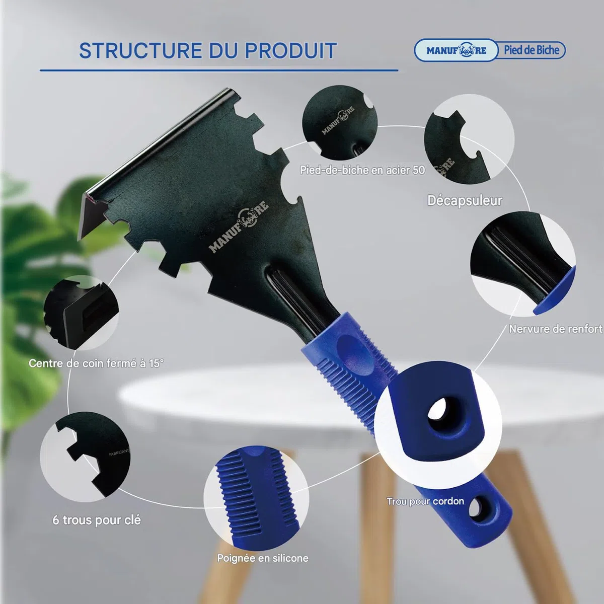MANUFORE Arrache-moulure/Pied de biche multifonction – Outil de démolition pour plinthes, planchers en bois, cadres de porte et carreaux (Bleu)