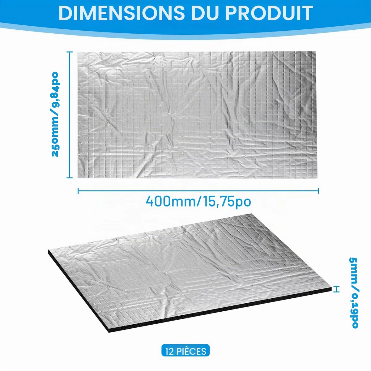 12 pièces de plaques Alubutyl de 400 * 250 * 5 mm, natte d’isolation, résistante au feu et à l’eau, anti-vibration, autocollante pour la protection acoustique et l’isolation thermique dans les