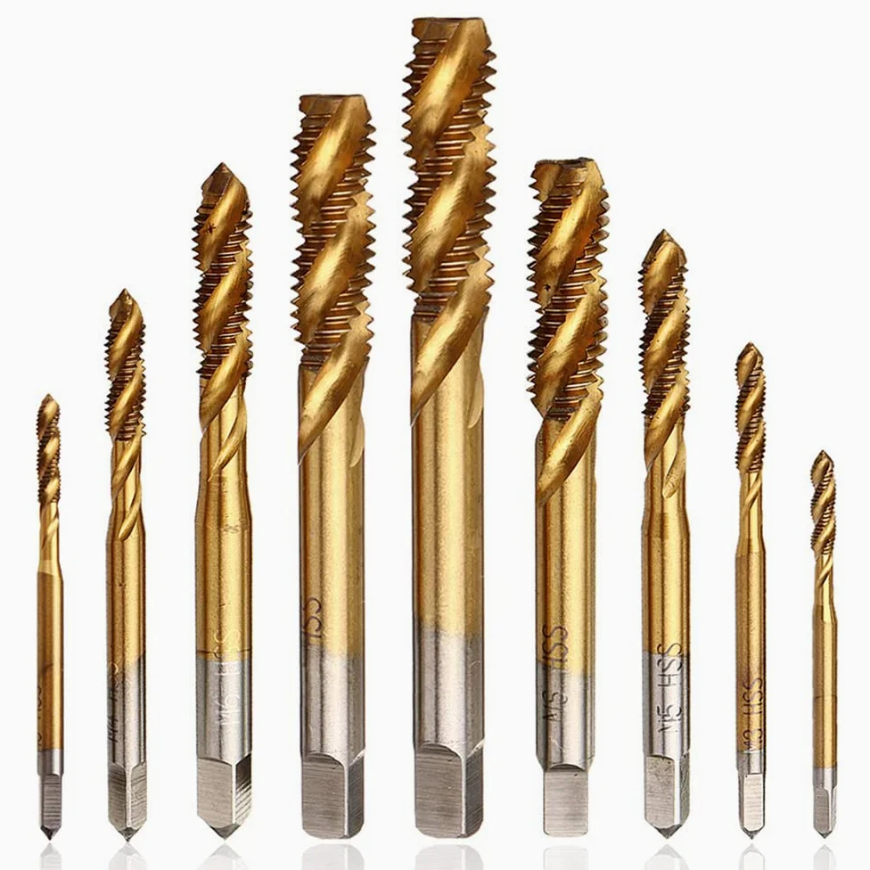 Mesee Lot de 9 tarauds hélicoïdaux HSS revêtus de titane - Pour machine à filetage métrique - M2 M2.5 M3 M4 M5 M6 M8 M10 M12