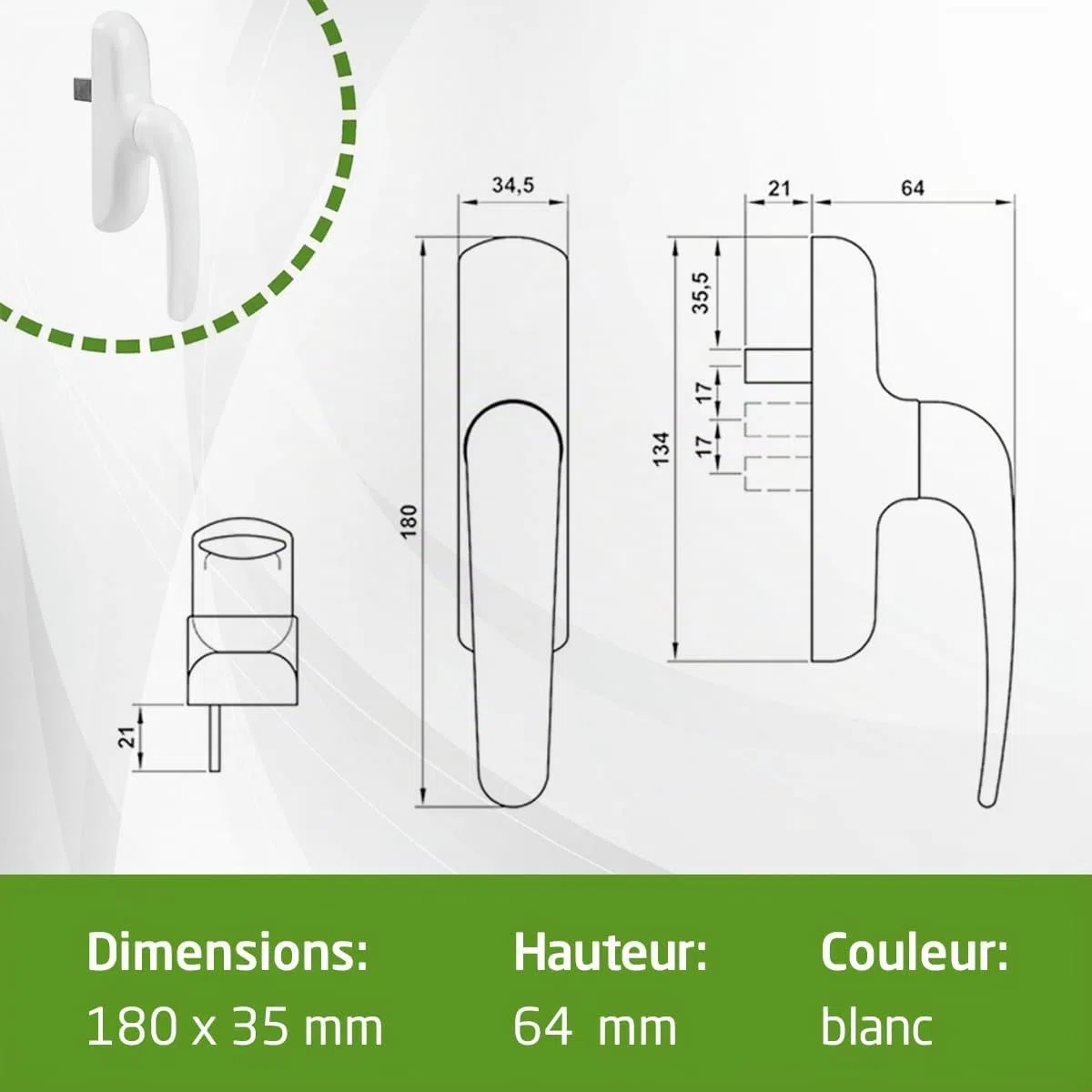 Amig - Poignée pour fenêtres oscillo-battantes avec base en aluminium et revêtement en PVC noir avec vis invisibles - 180 x 35 mm - Hauteur 64 mm - Sans carré