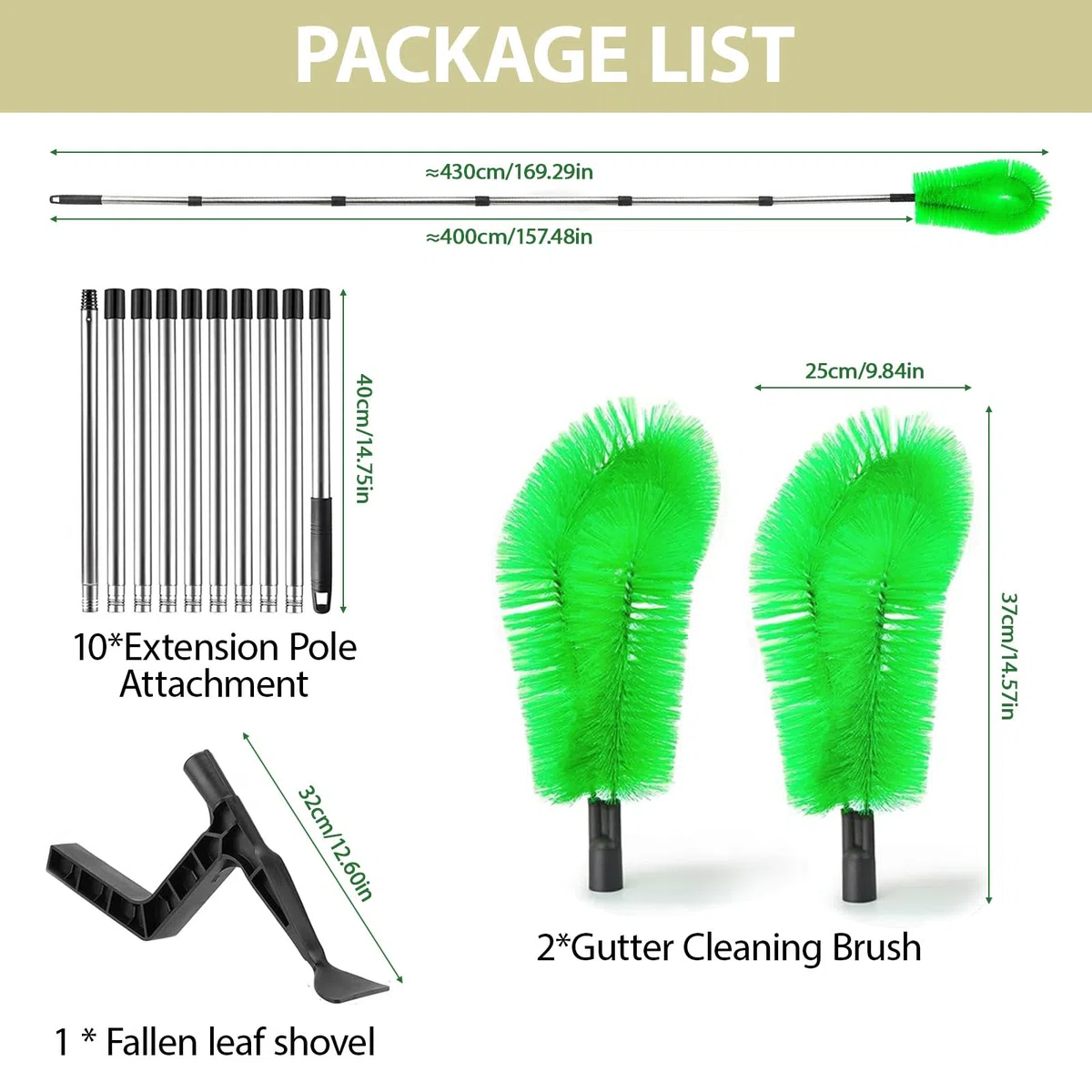 Nettoyeur de gouttières 400 cm - Brosse et cuillère de nettoyage 2 en 1 - Nettoyeur de gouttières avec manche télescopique pour nettoyer les feuilles, les fenêtres, les lustres