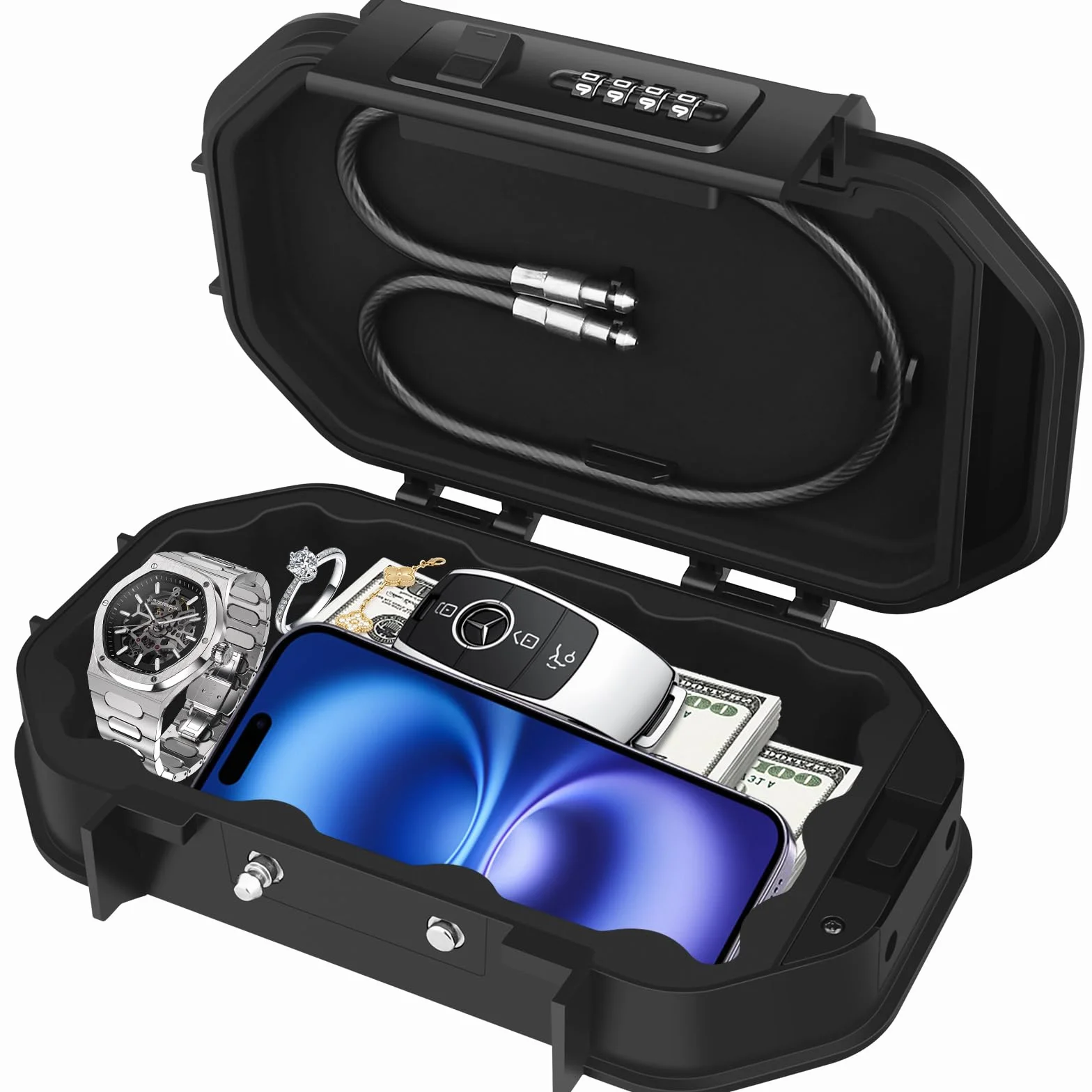 [IP68 & 2 Tête Verrou]Diyife Coffret Fort Portable Sécurisé, 4 Chiffres Combinaison Petit Coffre Fort, Doublure en Silicone, Câble en Acier Amovible-Anti-Coupure et Anti-Perte, pour Maison Hôtel Plage