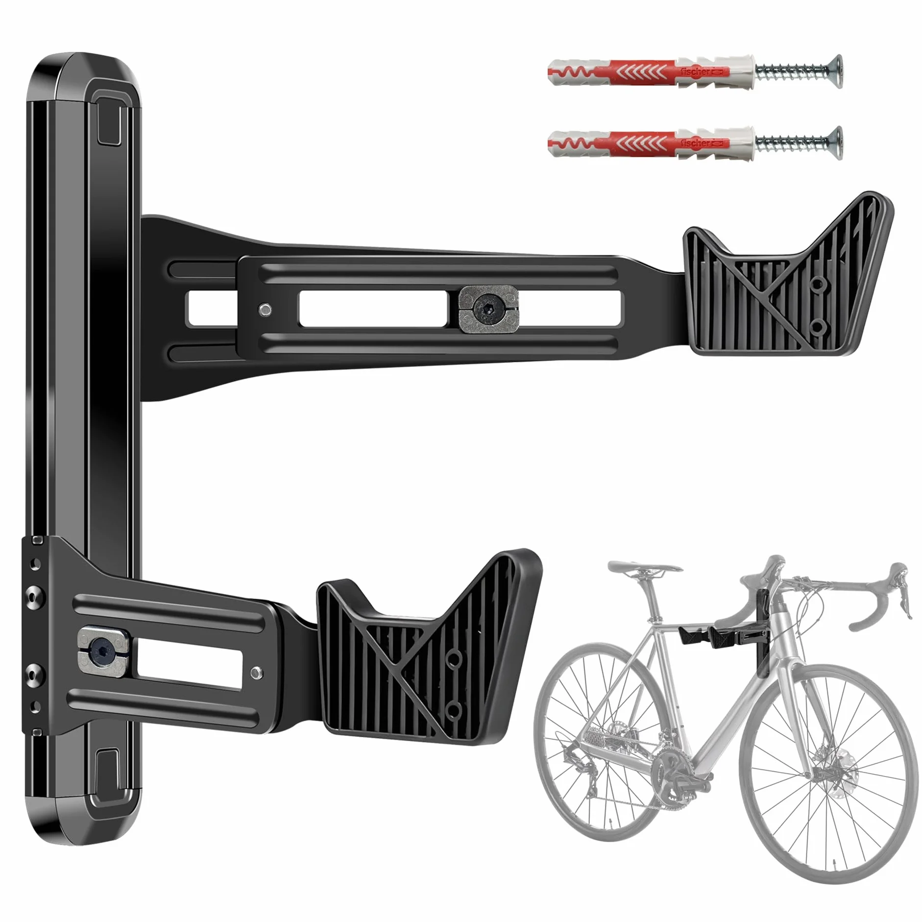 Mimoke Porte-vélo mural | Alliage d'aluminium, capacité de charge jusqu'à 40 kg | Distance réglable du mur 18,5–28 cm | Crochets en caoutchouc de 7,2 cm | Pour VTT, vélo de course, vélo électrique