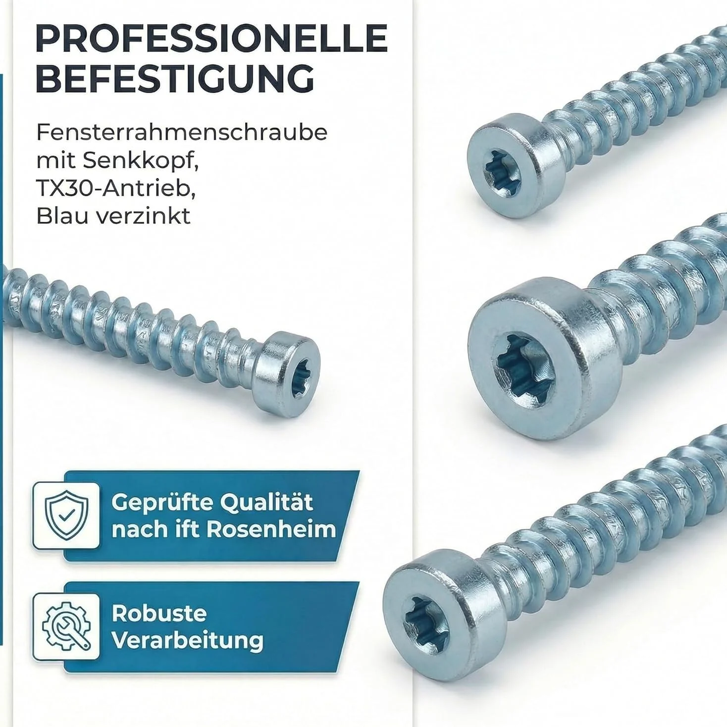 7.5x60, Vis de pose dans PVC et bois, tête cylindrique Tx 30, zingué blanc, VE=100