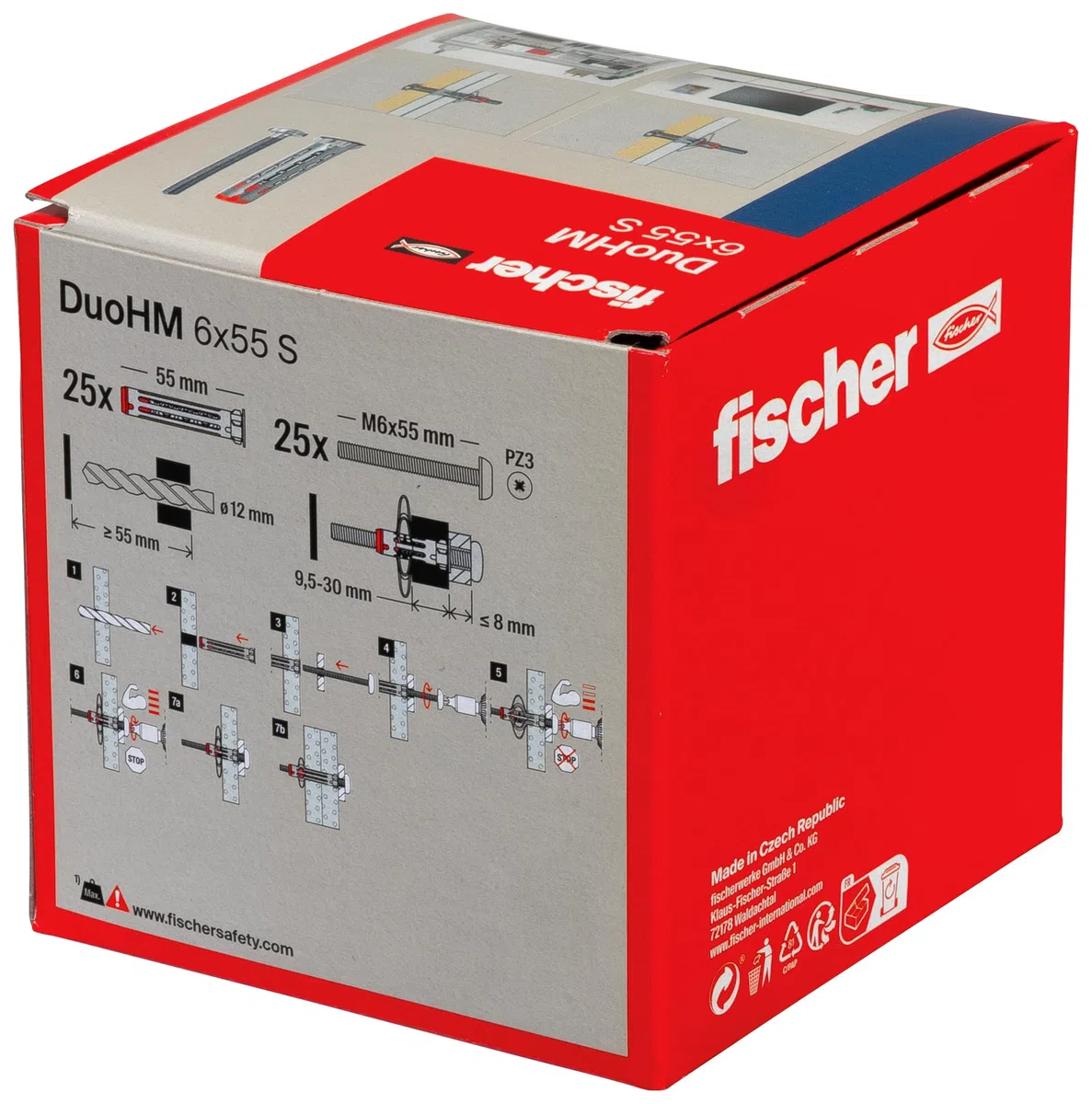 fischer - Cheville Bi-Matière DuoHM 6 x 55 pour Corps Creux, avec Vis à Tête Cylindrique, Empreinte PZ, Boite de 25