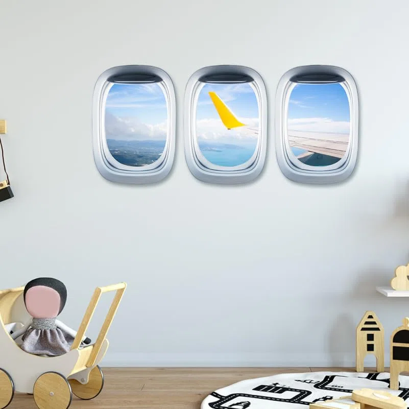CLISPEED Lot de 3 feuilles d'autocollants muraux amovibles pour fenêtre d'avion - Matériau pour la maison, le bureau, la décoration murale d'avion pour chambre à coucher, salon