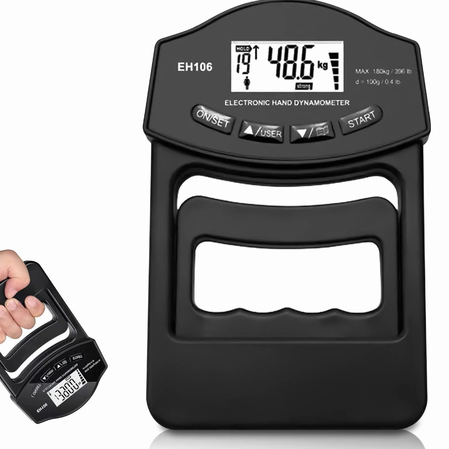 Digitaler Handkraftmessgerät, Schwarz 396lb/180Kg Hand Dynamometer mit USB-Ladekabel Grip Strength Trainer Elektronische Griffkraft Messgerät LED Display Grip Strength Trainer Kraftmesser