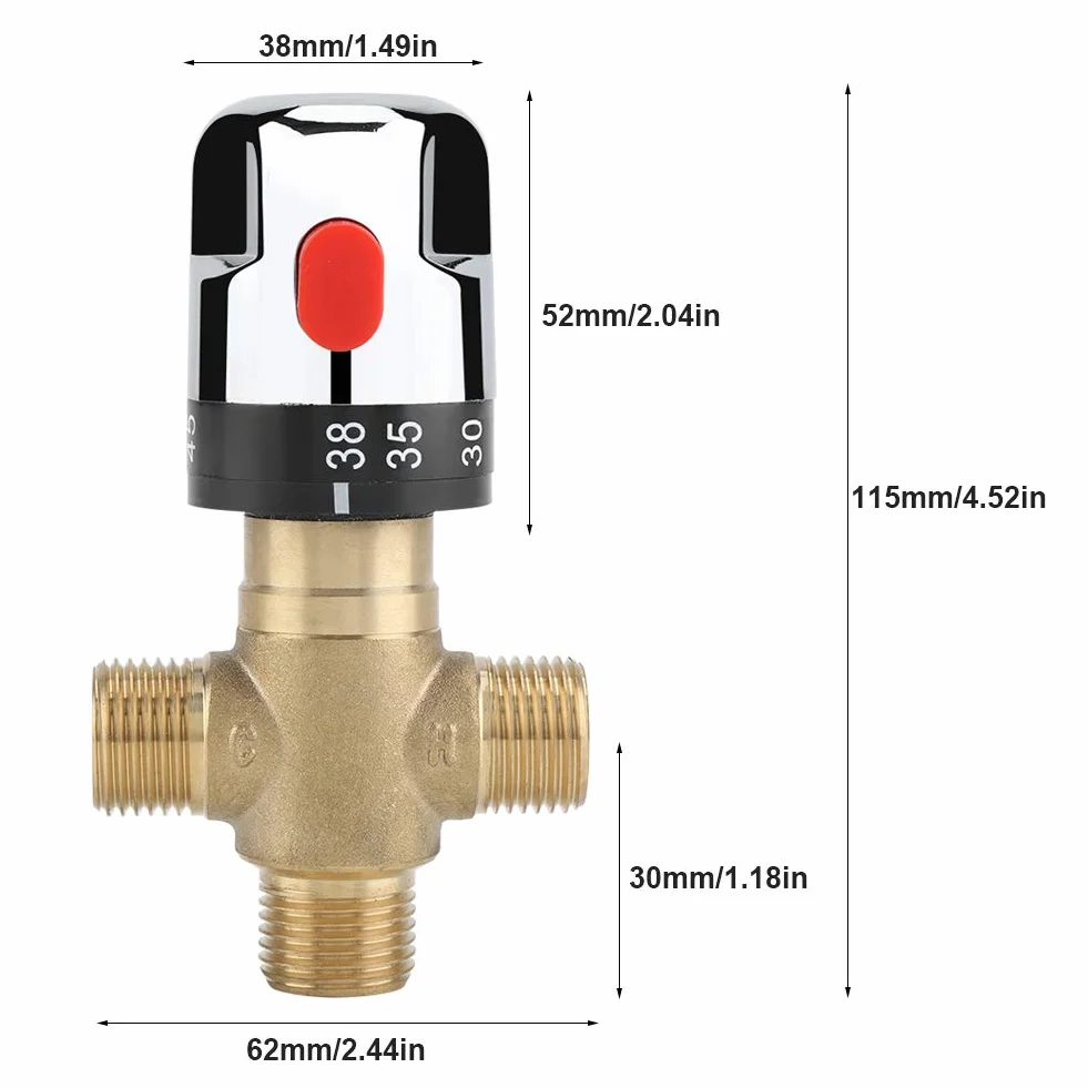 Mitigeur Thermostatique avec Raccords Mâles 1/2 NPT, Vanne de Contrôle de la Température de L'eau, Contrôle du Thermostat, Laiton Massif