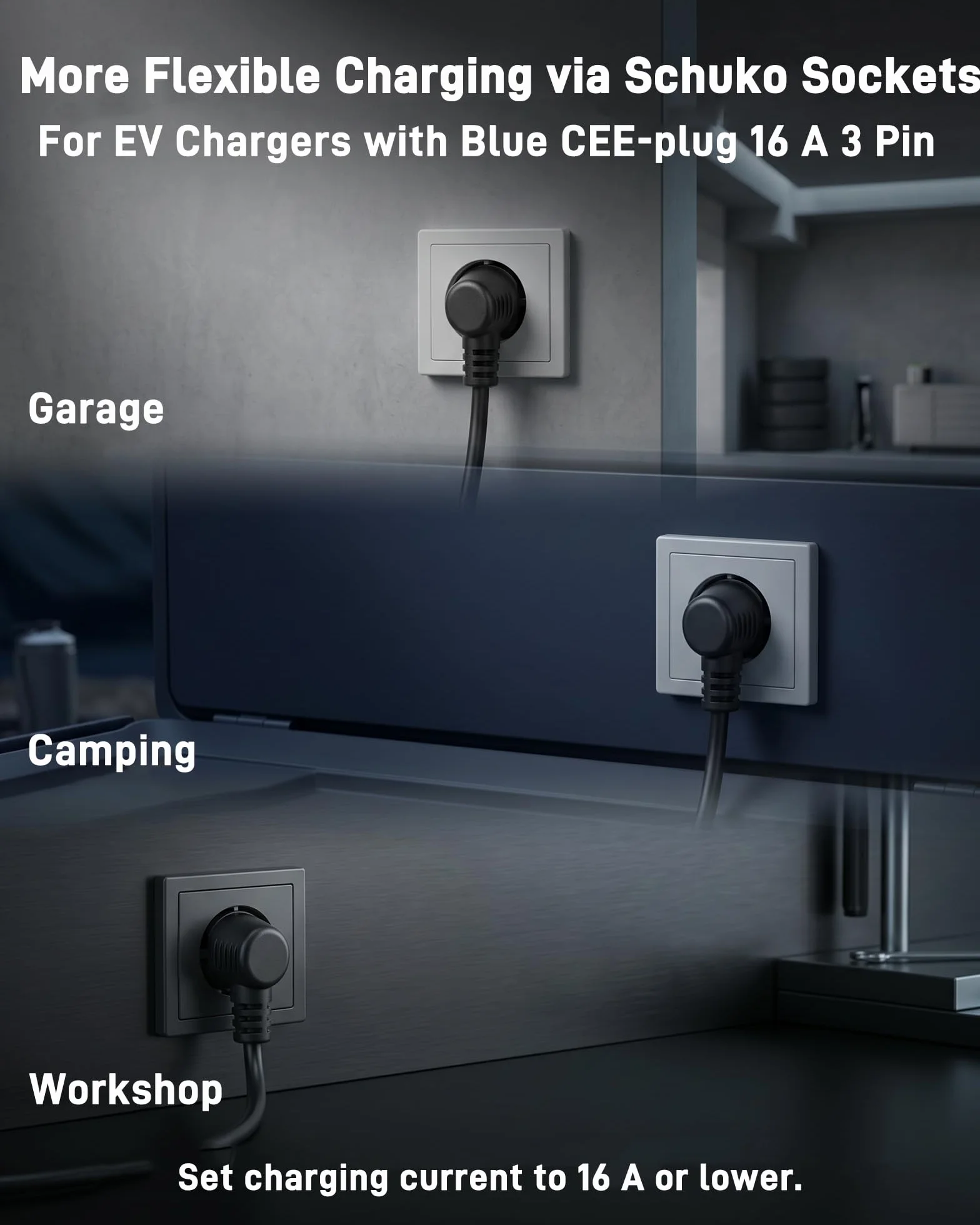 Adaptateur CEE (Fiche Schuko Mâle vers Prise Femelle CEE P17 Bleue 16 A, 3 Pôles) | Câble Adaptateur 3G2,5 mm², 0,5 m / 230 V/Max. 16 A | pour Chargeur VE Réglable, Camping et Caravane