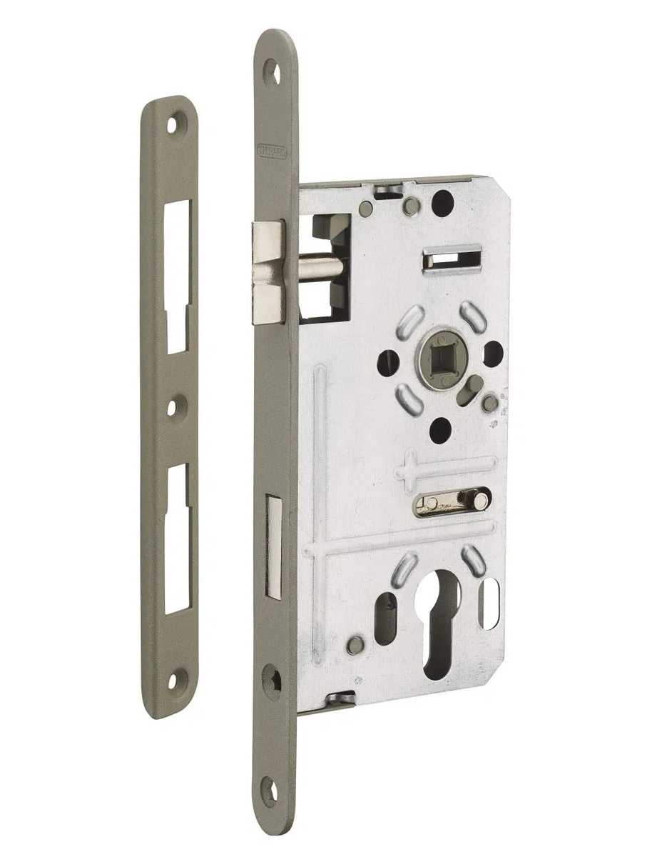THIRARD - Boîtier de Serrure Encastrable à Cylindre pour Porte d'Entrée - Gauche - Axe 55 mm - Bouts Ronds - Coffre Têtière Gâche Équerre Acier - Mécanisme à 2 Tours - Gris