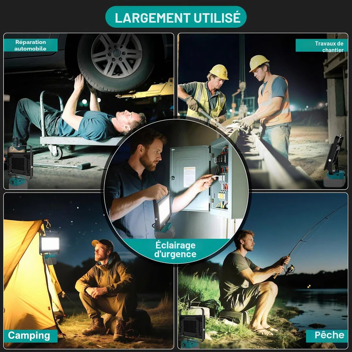 NATPOW Projecteur LED Compatible avec Makita 18V, 100W 6500LM Lampe de Chantier, 2 Modes 6000K Phare avec Type C et USB pour Chantier, Garage, Camping, Pêche, Sans Batterie