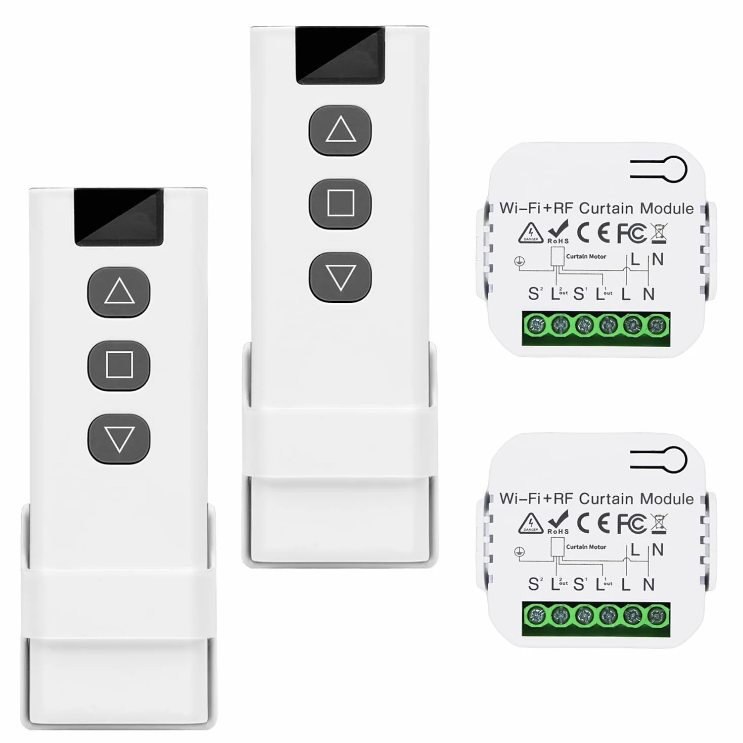 2 Pièces Kit Interrupteur Sans Fil, Interrupteur Volet Roulant Connecté Avec RF Télécommande et Module de Réception, pour Commande de Rideau ÉLectrique, Module Volet Roulant Connecté