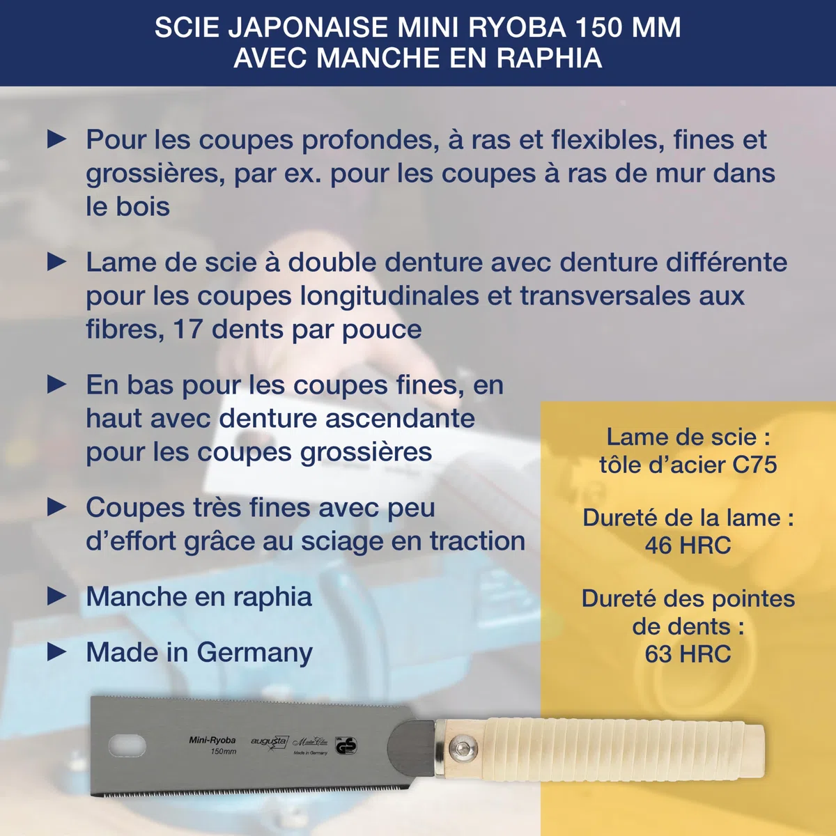 Augusta-Heckenrose scie japonaise Mini Ryoba 150 mm I Scie traditionnelle acier C75 découpes fines et grossières I Scie à bois dentée flexible et poignée en raphia de frêne
