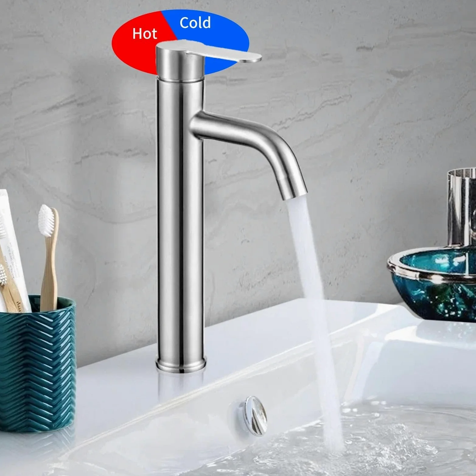 Mitigeur Lavabo Salle de Bain Haut Robinet Salle de Bain Brossé | Robinet Salle Bain avec Bec Hauteur 170mm Robinet de lavabo haut Mitigeur Salle Bain Contrôle de l'eau Chaude et Froide