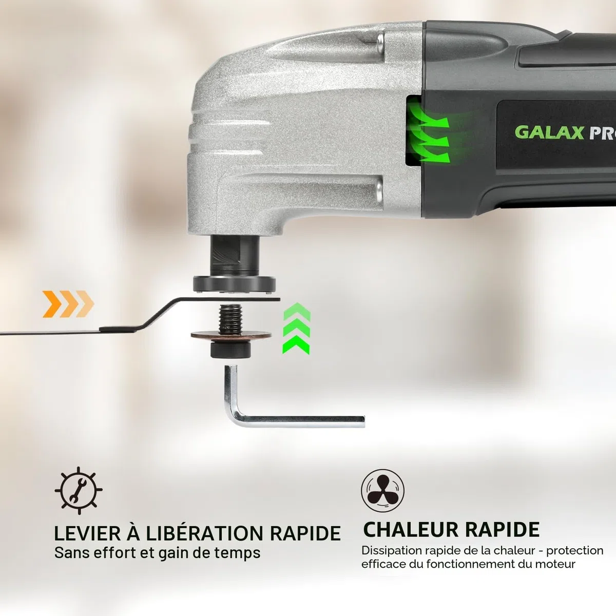 Outil oscillant GALAX PRO 180W, 22000 OPM, angle d'oscillation de 3 degrés, 3 lames de scie, 1 plateau de ponçage semi-circulaire, 6 feuilles de papier abrasif pour le ponçage et le meulage