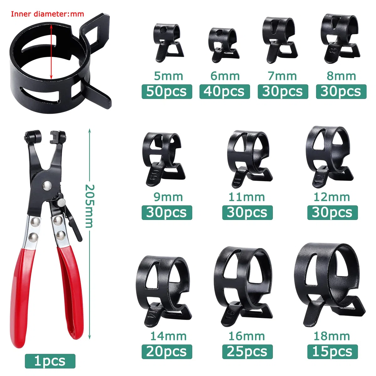300 Pièces Colliers de Serrage à Ressort, Clips à Ressort Tuyau Serre-Joints à Tuyaux, 10 Tailles 5-18mm Colliers de Clip à Ressort, Colliers de Conduite de Carburant Tuyau avec une Pinces