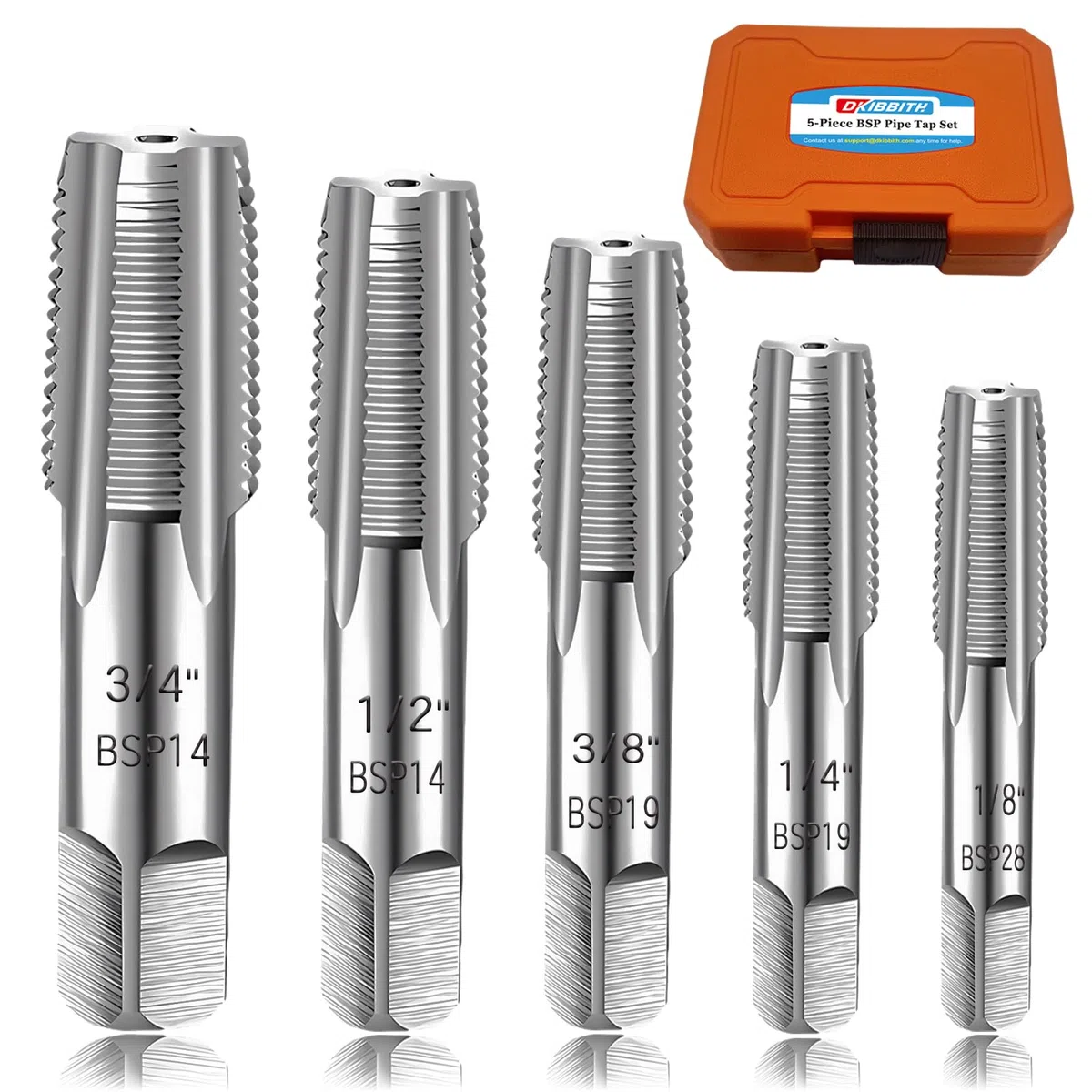 DKIBBITH Lot de 5 tarauds de Tuyau BSP de 0,3 cm, 0,6 cm, 0,9 cm, 0,9 cm, 1,2 cm, 1,9 cm, 1,9 cm BSP en Acier au Carbone, Ensemble de tarauds de plomberie pour Filetage précis, as