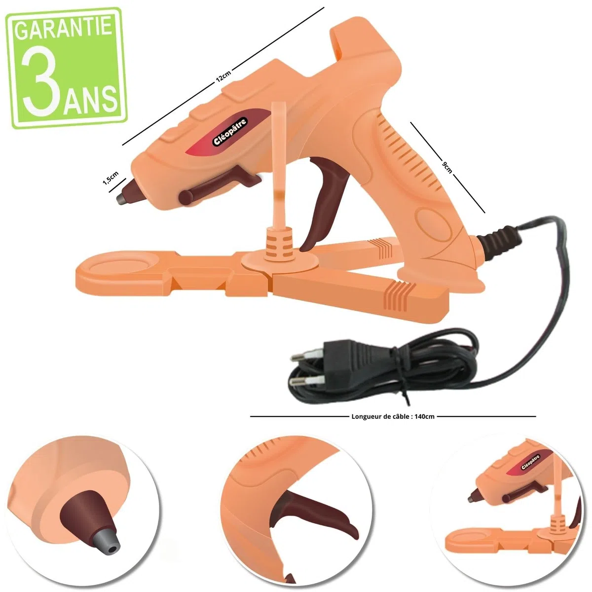 CLEOPATRE – Pistolet à Colle Chaude 20W – Sécurité avec Embout Indicateur de Température - Livré avec Base de Stabilité, 10 Bâtons de Colle 7mm, 2 Pinces