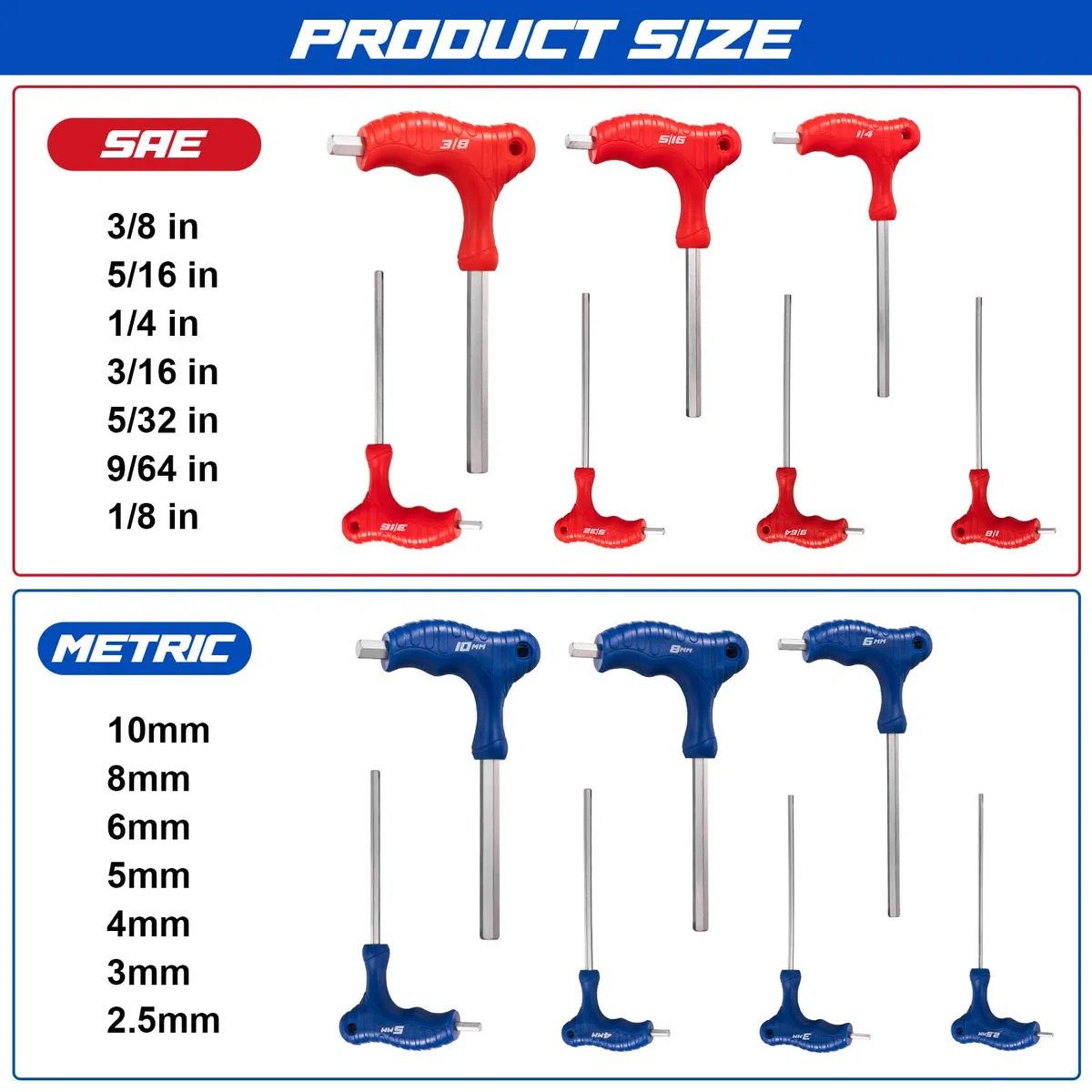 Toolwiz Jeu de 14 cle a laine à poignée en T, jeu portable de clés cle torx métriques 2,5 mm à 10 mm et SAE 1/8" à 3/8", acier CR-V pour ateliers de réparation de vélos et motos 4S