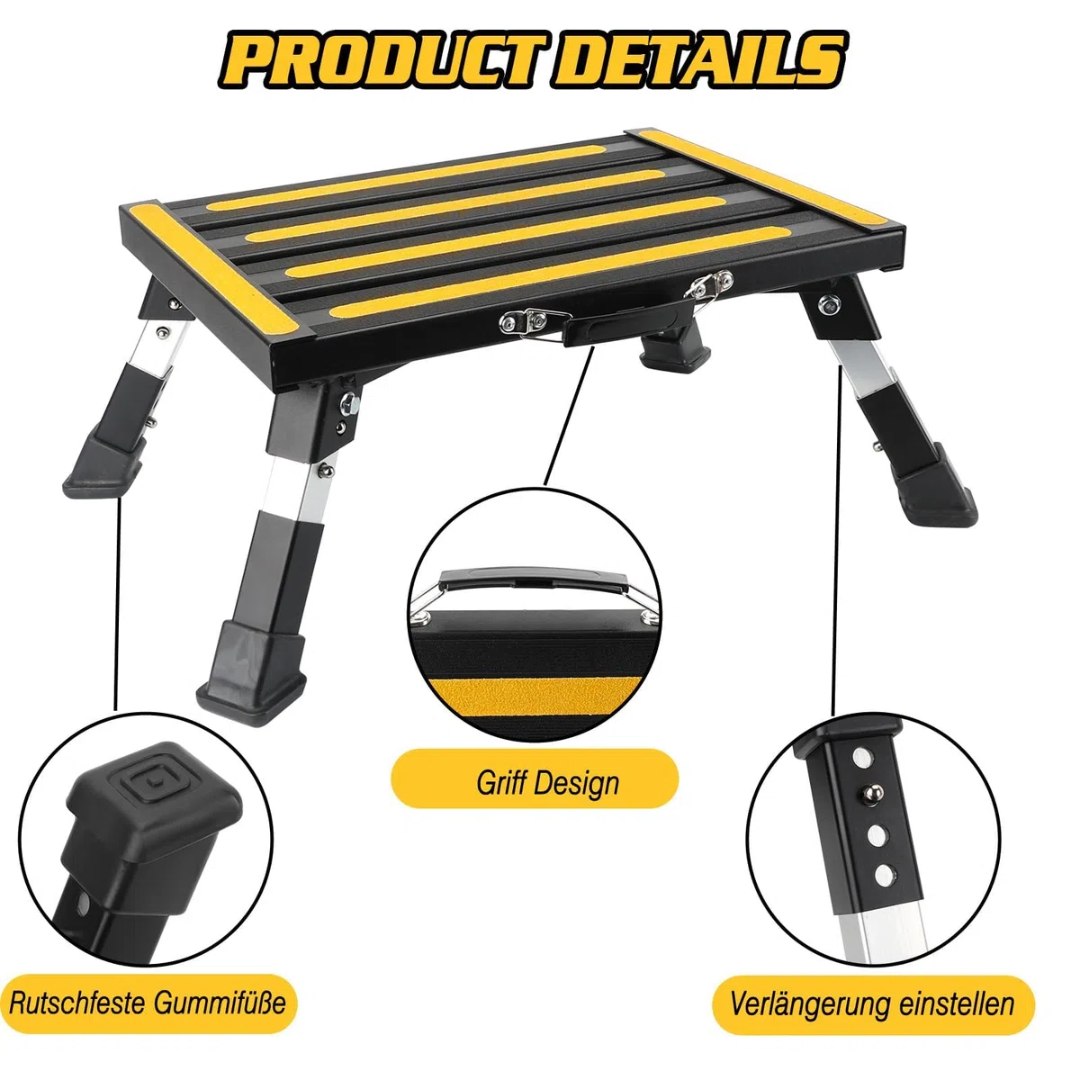 Marche Pied Pliable, Réglable en Hauteur Escabeau Pliant en Aluminium | 1 Marche, Charge Maximale : 250 kg, Échelle Pliable Marchepied avec Poignée pour Camping, Maison