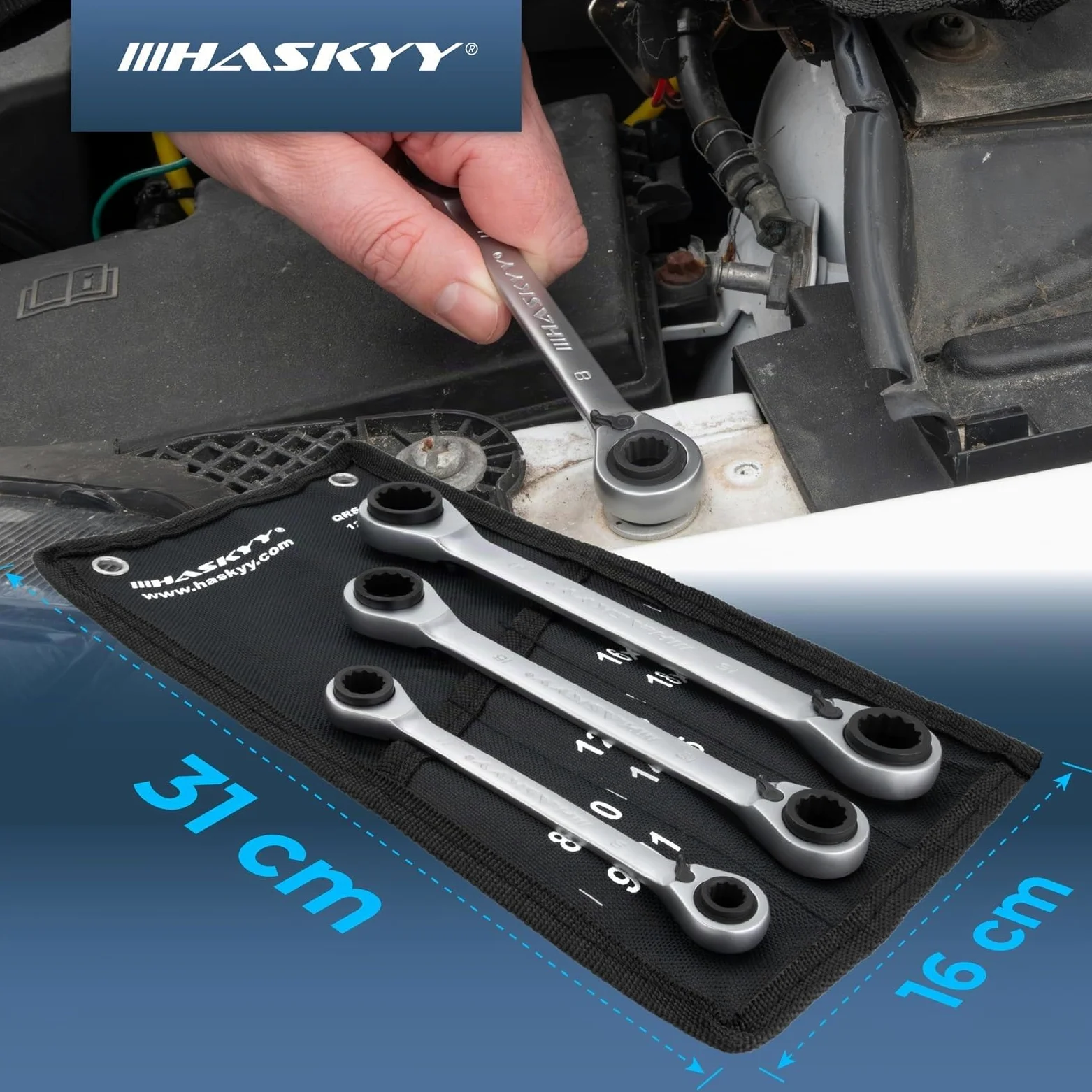 HASKYY Jeu de 3 clés à cliquet doubles SW 8-19 mm dans étui système I 8-10 x 9-11 I 12-13 x 14-15 I 16-17 x 18-19 Jeu de clés polygonales plates