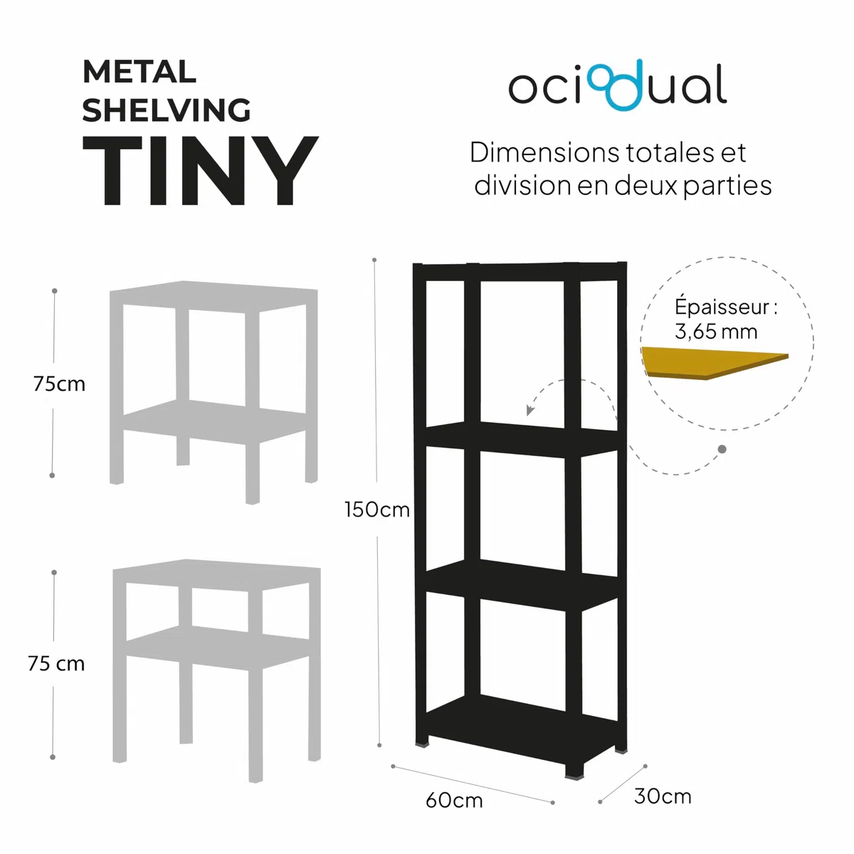 OcioDual Etagere Metallique Blanche Tiny, Etagere Rangement Outillage, 150x60x30cm Storage, Étagère Garage Metal, Étagère Metallique Garage, sans Vis, 240kg, 4 Etagères MDF
