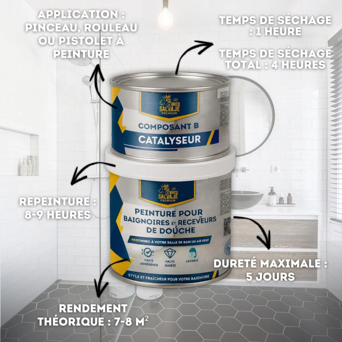 Peinture pour baignoires et receveurs de douche en polyuréthane | 750 ml (600+150 ml) | Finition céramique satinée | Deux composants | Imperméable et résistante (Pierre sereine)