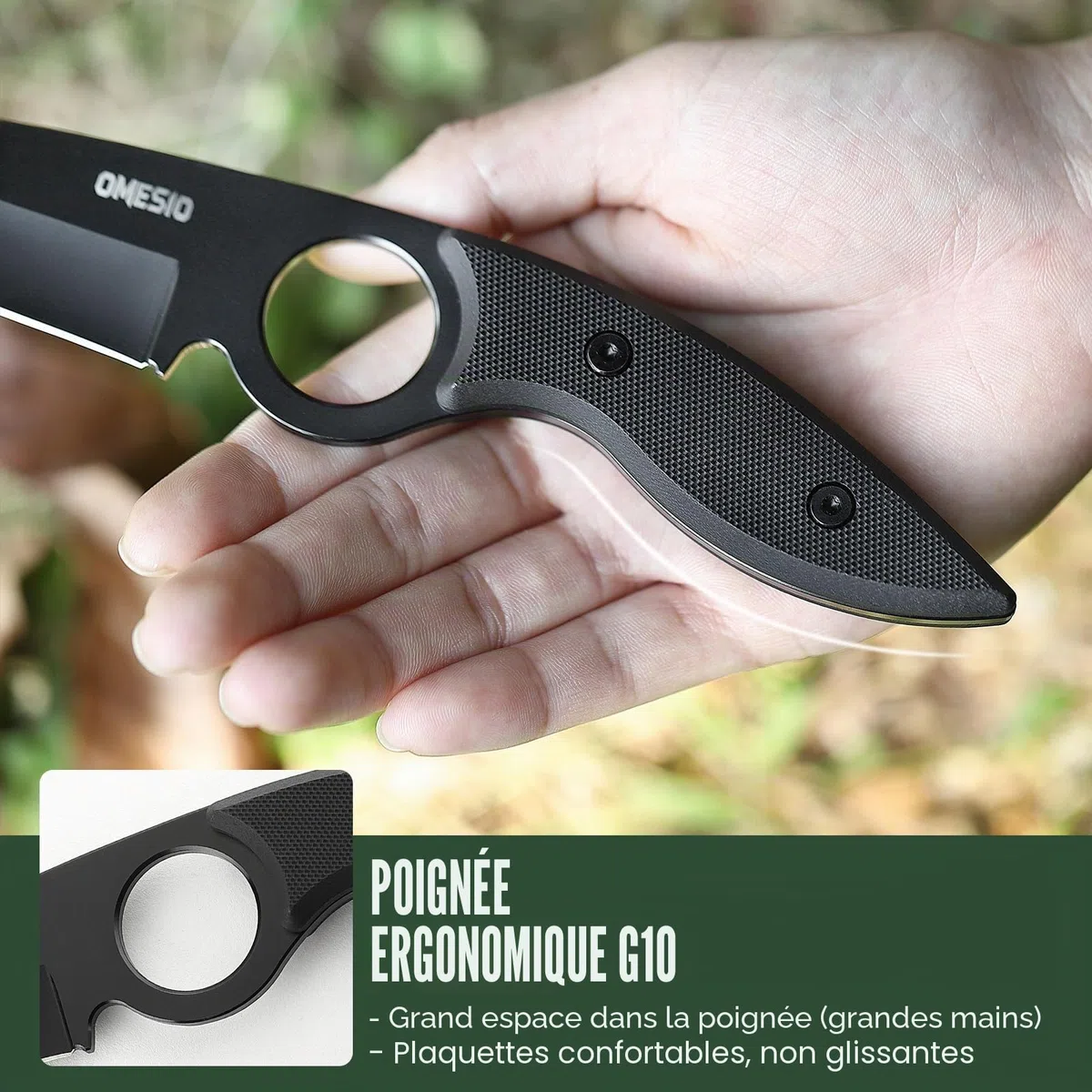 Omesio Couteau Outdoor 5CR13MOV acier Full tang couteau fixe lame drop-point 8,5 cm couteau de ceinture EDC avec Kydex fourreau(manche vert + lame blanche)