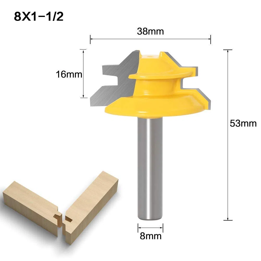 8mm Tige Fraises à Rainurer Set, 3 pièces Fraise à Onglet de 45º, 45 degrés fraise verrouillage set, pour le bois DIY meubles