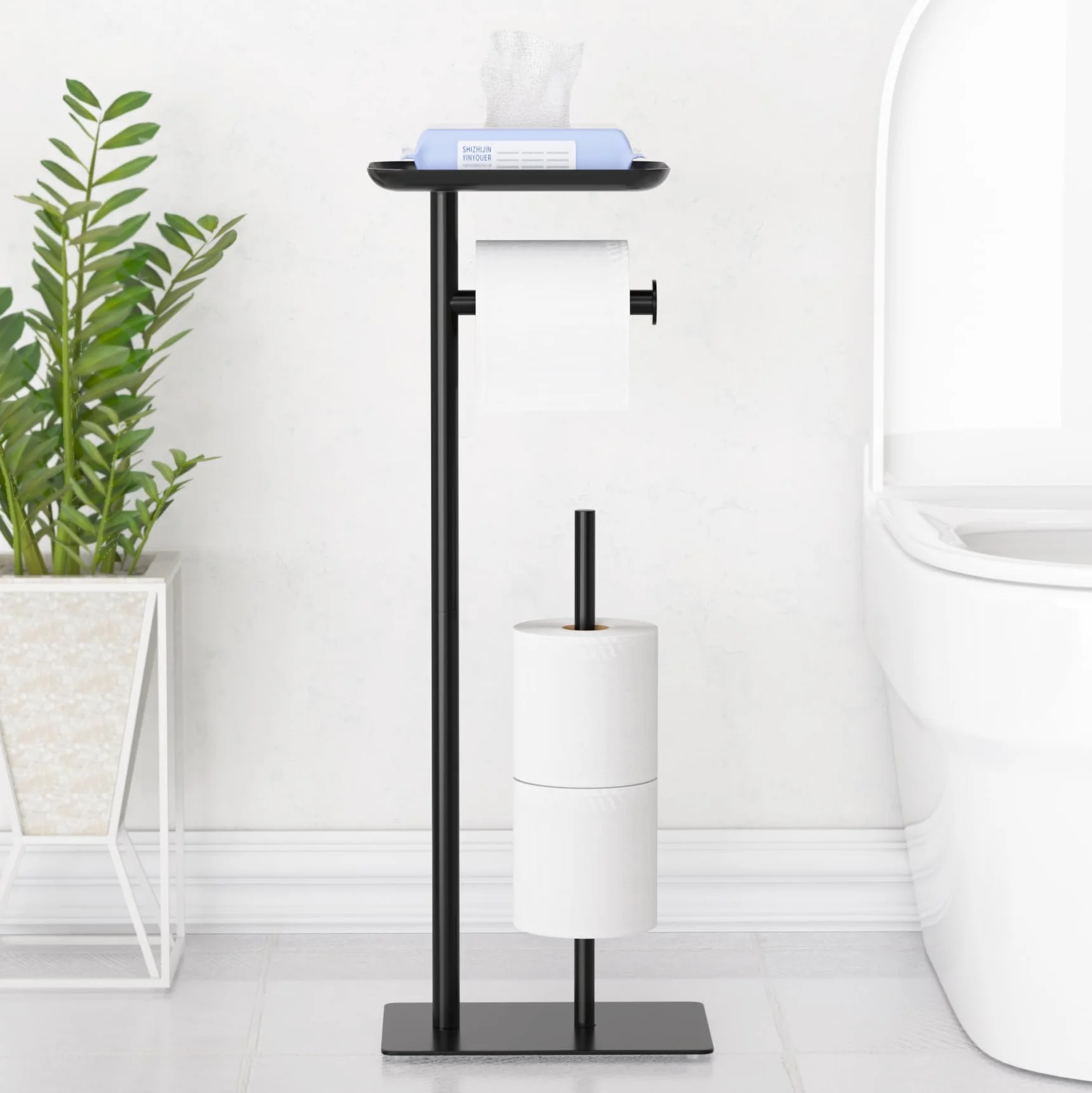 Porte-Rouleau de Papier Toilette autoportant avec étagère supérieure, Peut contenir 4 Rouleaux, Distributeur de Papier Toilette en Acier Inoxydable pour Salle de Bain