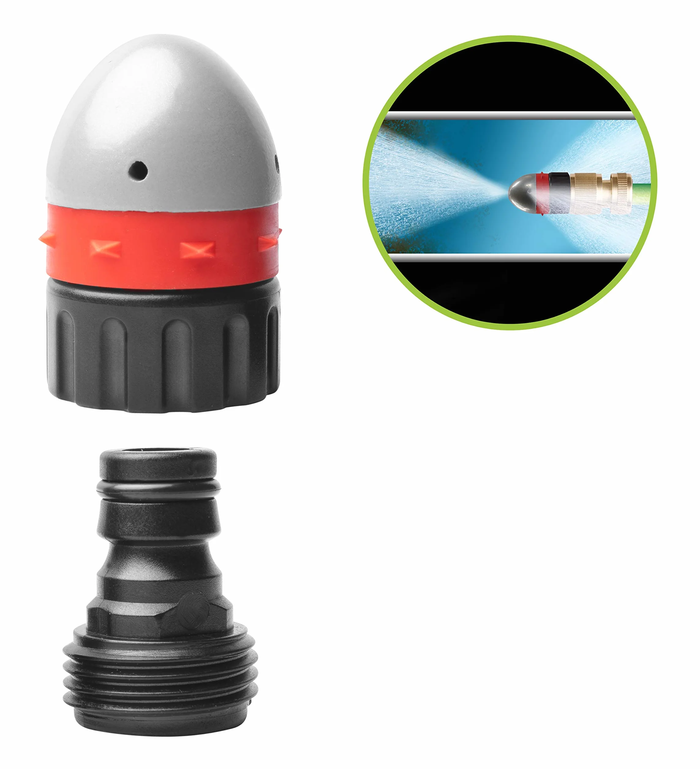 UPP Buse de débouchage I Buse de nettoyage I Avec raccord pour tuyau d'arrosage I Tête Haute Pression Déboucheur à eau I Débouche canalisation, toilettes, gouttières I Dimensions : 7,2 x 3 cm