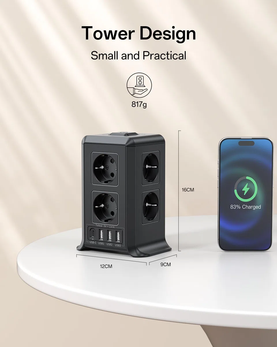 Multiprise avec Interrupteur, Multiprise Parafoudre et Surtension with 8 Sortie AC and 4 USB Ports, pour Le Bureau, Salon, Chambre à Coucher