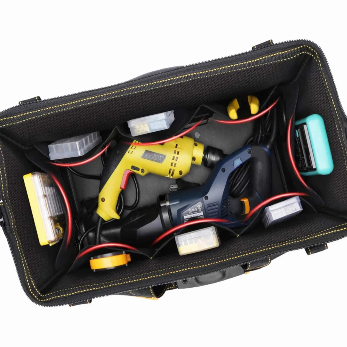 Sac à outils robuste, organiseur pour outils à main/électriques, avec bandoulière, fermeture éclair et base en caoutchouc résistant à l'usure, grande capacité, imperméable, rangement d'outils, etc.