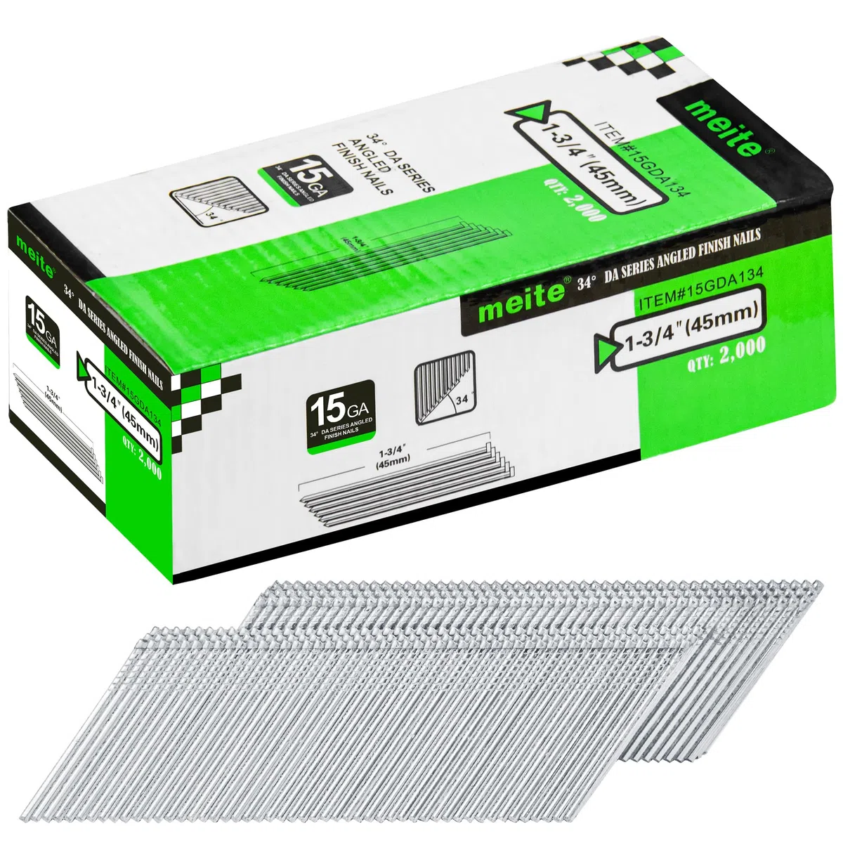 meite Clous de Finition Galvanisé à Angle de Type DA 15G / 45 mm, 34 Degres, 15G Clous DA Inclinés Pour Cloueuse, Ideals Pour Finitions, Moulures Et Menuiserie, Lot de 2 000