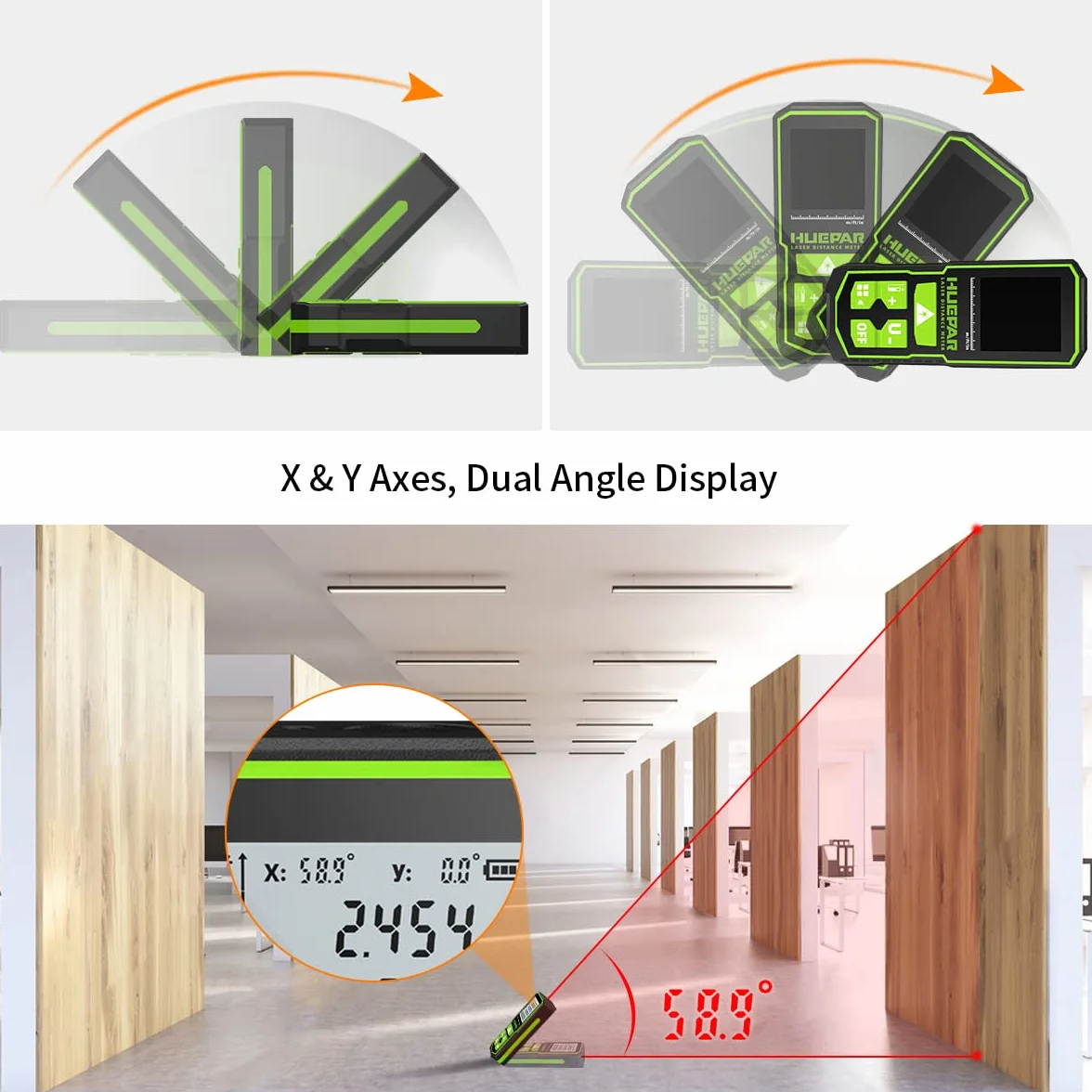 Télémètre Laser Huepar 328Pieds (100M) avec Batterie Rechargeable & Affichage d’Angle Double, Mesureur Laser M/in/Ft Fonction Muette & Modes Multi-Mesures, Pythagore, Distance, Surface & Volume-S100