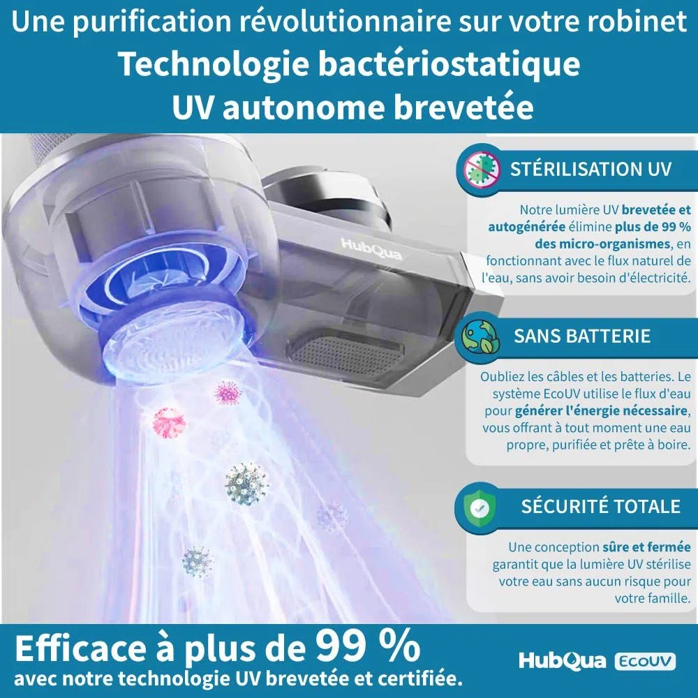 EcoUV - Filtre à Eau pour Robinet avec Technologie UV Brevetée Autogénérée, 2 Cartouches Double Action (Antical + Fibre de Carbone) Incluses, Élimine Calcaire, Chlore, Bactéries et Impuretés