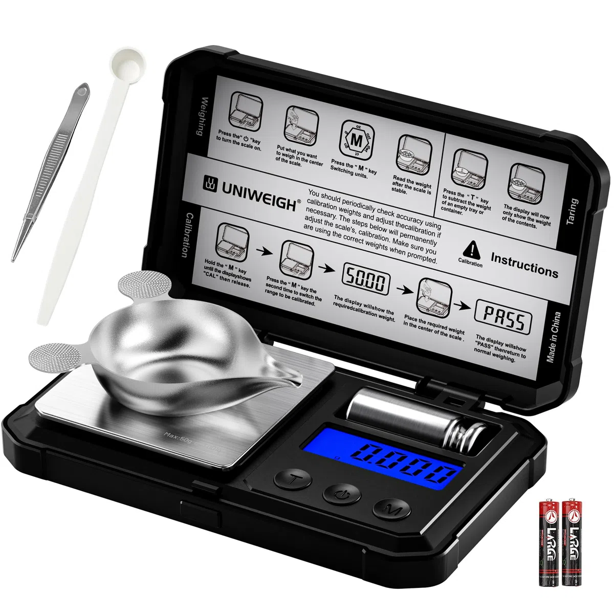 UNIWEIGH Balance de milligramme 50 g/0,001 g numérique de haute précision avec écran LCD/tare, 6 unités de micro-grammes pour poudre médicamenteuse, pièces de monnaie, or, rechargement – Poids Cal