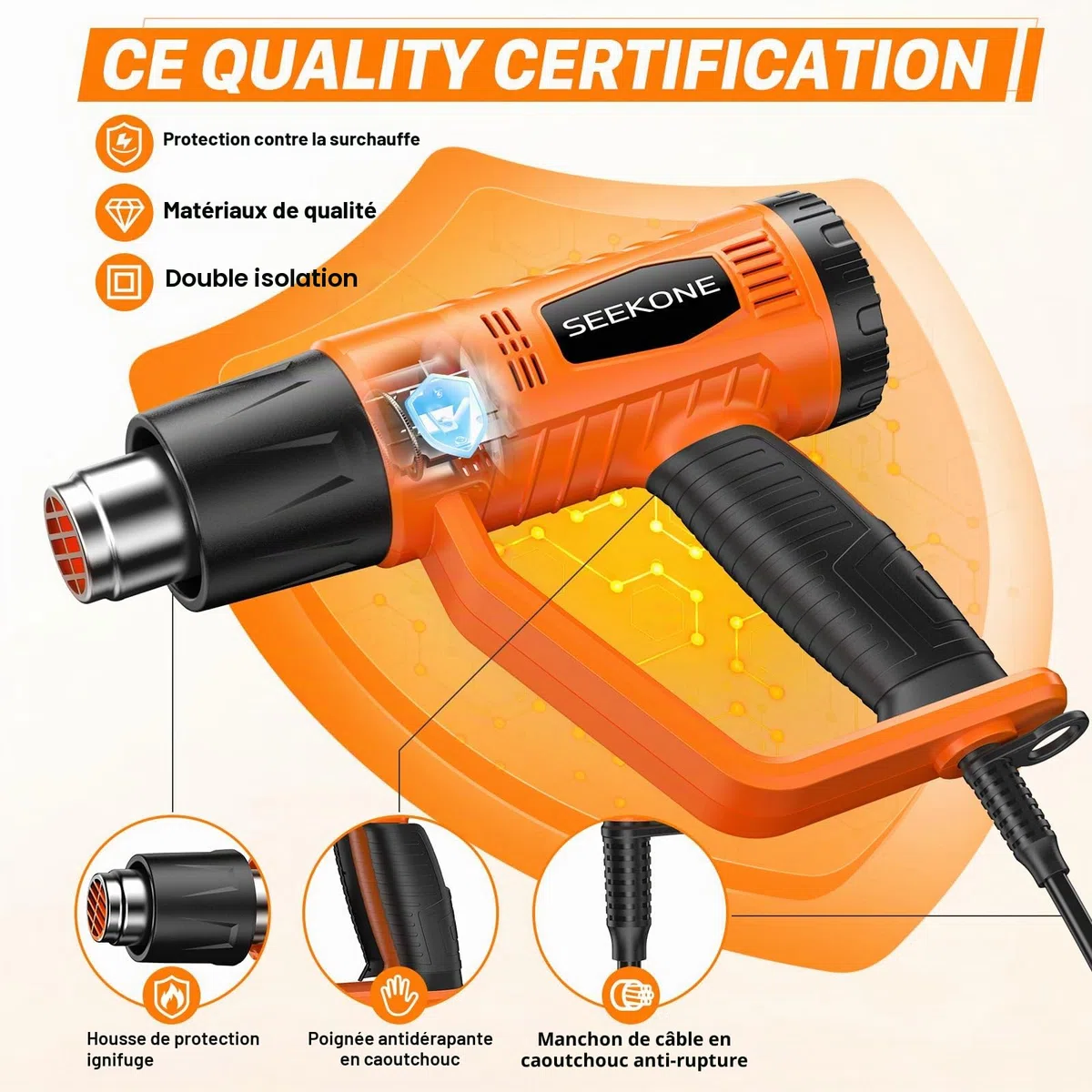 Décapeur Thermique, SEEKONE 2000W 400℃ & 600℃ Réglages Double Température Pistolet Thermique avec 4 Buses, Protection de Surcharge, Manche Antidérapant, Idéal pour Retrait Thermiquement