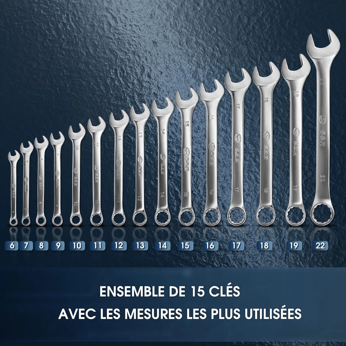 S&R Cle Plate 6-22 mm. 15 Clés Mixtes Clés Plates à Fourche et Anneau. Jeu de Clef Polygonales outillage mecanique auto Qualité Industrielle