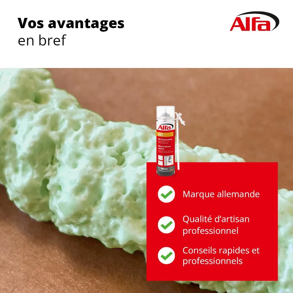 621 ALFA - Mousse PU expansive bi-composants 400ml manuelle pour châssis, 2 pièces, à durcissement rapide, rendement du volume 12-14 l (une fois posé)