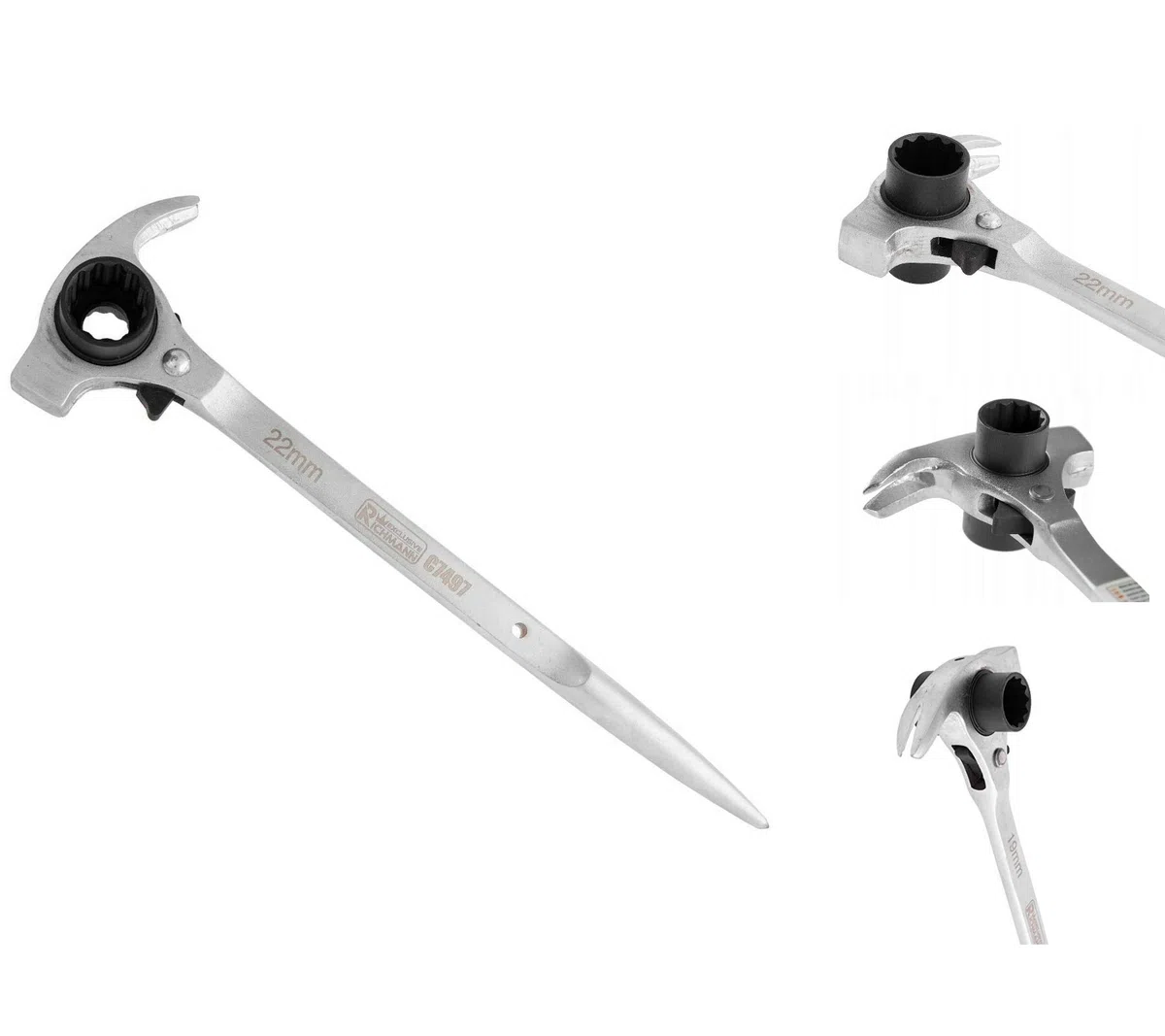 RICHMANN Clé à échafaudage 4 en 1 (19/22 mm) - Marteau + arrache-clous + poinçon conique & cliquet réversible - Cliquet d'échafaudage 12 points - Acier au chrome-vanadium (Cr-V) - avec 72 dents