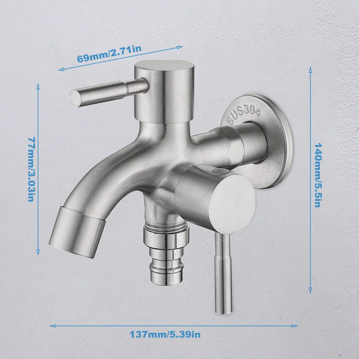 Double robinet universel 1/2" en acier inoxydable avec raccords de tuyau, robinet de jardin double multifonction pour machine à laver, jardin, cuisine, salle de bain